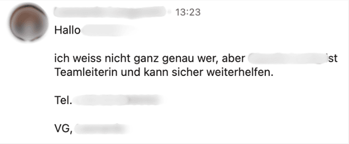 Antwort mit Weiterleitung an die Teamleiterin